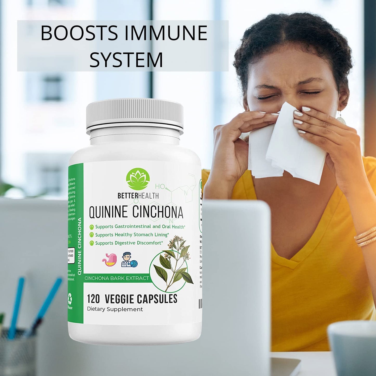 Quinine Cinchona Bark Extract – 500 mg Herbal Supplement for Digestive, Immune & Muscle Support (120 Caps)