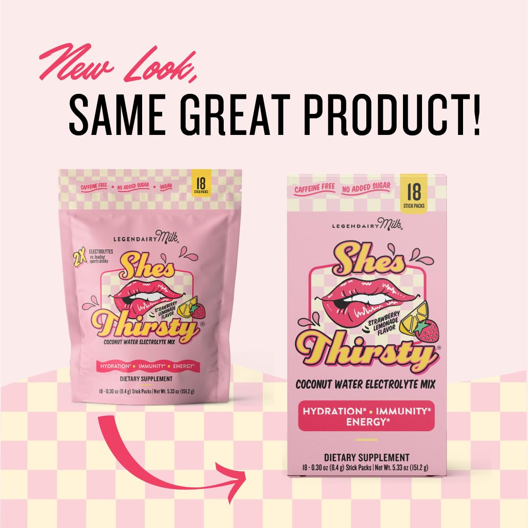 Legendairy Milk She’s Thirsty – Strawberry Lemonade Hydration Packets | Cortisol Support & Adrenal Health | Coconut Water Electrolytes 18 ct