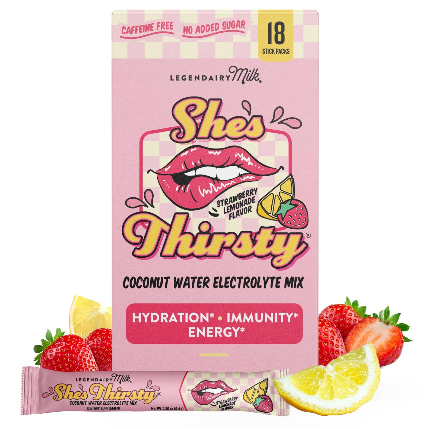 Legendairy Milk She’s Thirsty – Strawberry Lemonade Hydration Packets | Cortisol Support & Adrenal Health | Coconut Water Electrolytes 18 ct