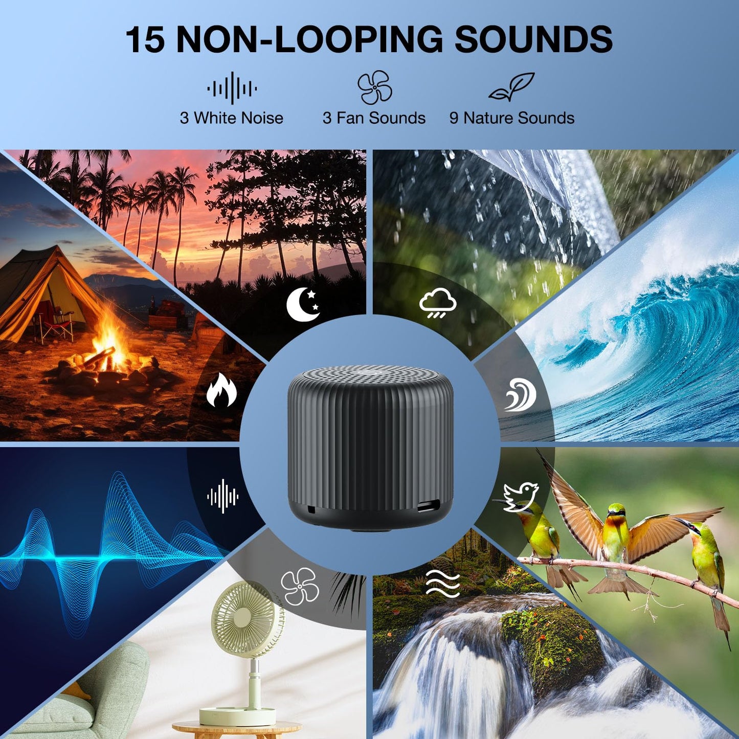LEICEX White Noise Machine — Travel Mini Sound Machine (Black) with 15 Non-Looping Sounds
