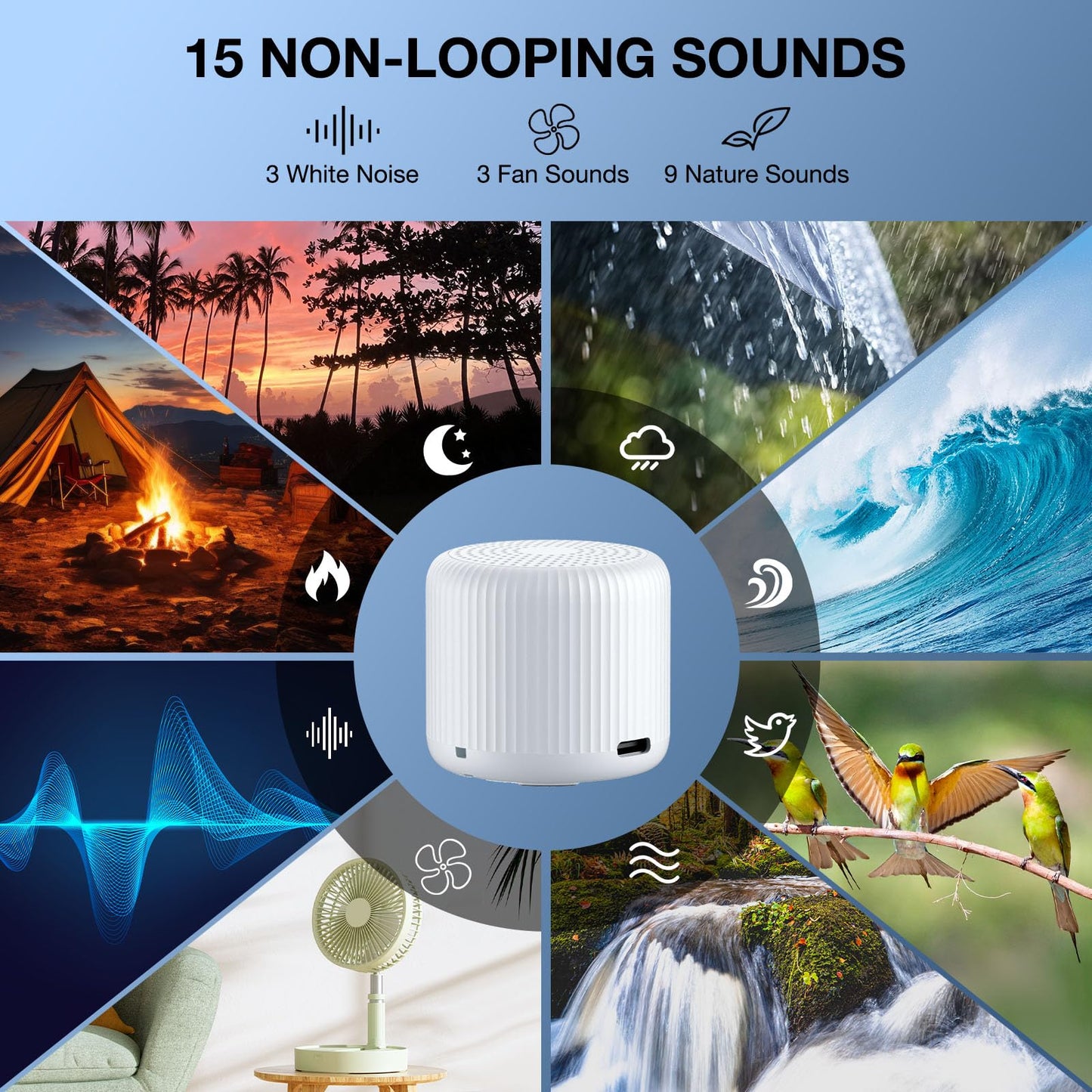 LEICEX Portable Travel Sound Machine — 15 Non-Looping Sounds, 22h Battery, USB-C