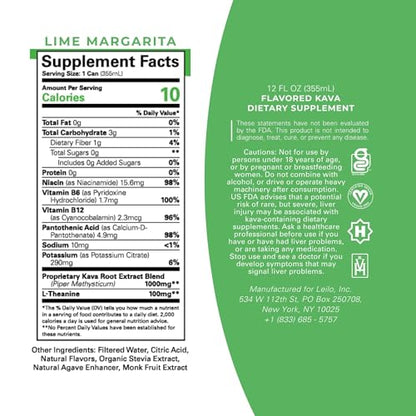 LEILO Kava Lime Margarita Mocktail – Sugar-Free, Non-Alcoholic 12-Pack (12 fl oz Cans)