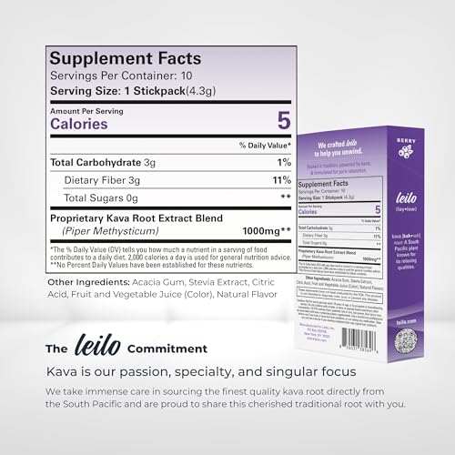 LEILO Calming Kava Drink Mix – Berry, 10 Sticks | Non-Alcoholic, Sugar-Free Plant-Based Relaxation