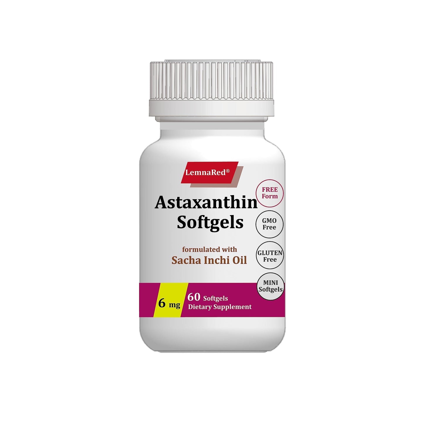 LemnaRed Free-Form Astaxanthin 6mg Softgels – 60 Count | Strongest Antioxidant with Sacha Inchi Oil
