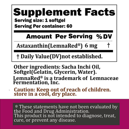 LemnaRed Free-Form Astaxanthin 6mg Softgels – 60 Count | Strongest Antioxidant with Sacha Inchi Oil