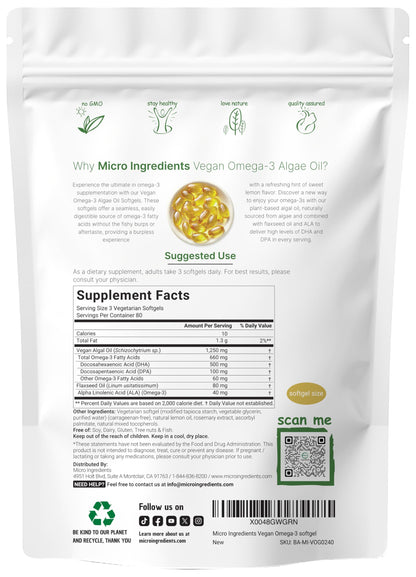 Micro Ingredients Vegan Omega-3 Algae Oil – 240 Veggie Softgels, DHA 500mg