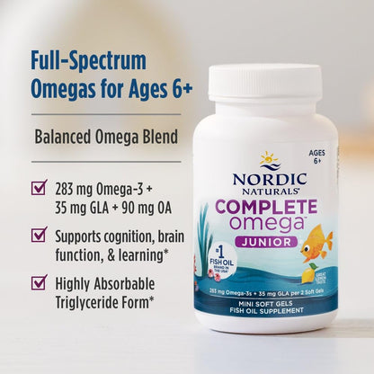 Nordic Naturals Complete Omega Jr. Lemon | 180 Mini Soft Gels, 283 mg Total Omega-3s + 35 mg GLA | Non-GMO