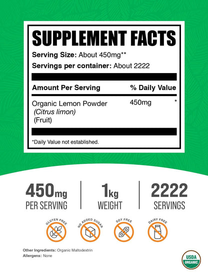 BulkSupplements.com Organic Lemon Powder - Natural Vitamin C Source, Fruit Powder, Lemon Flavoring - Gluten Free, 450mg per Serving, 1kg (2.2 lbs) (Pack of 1)
