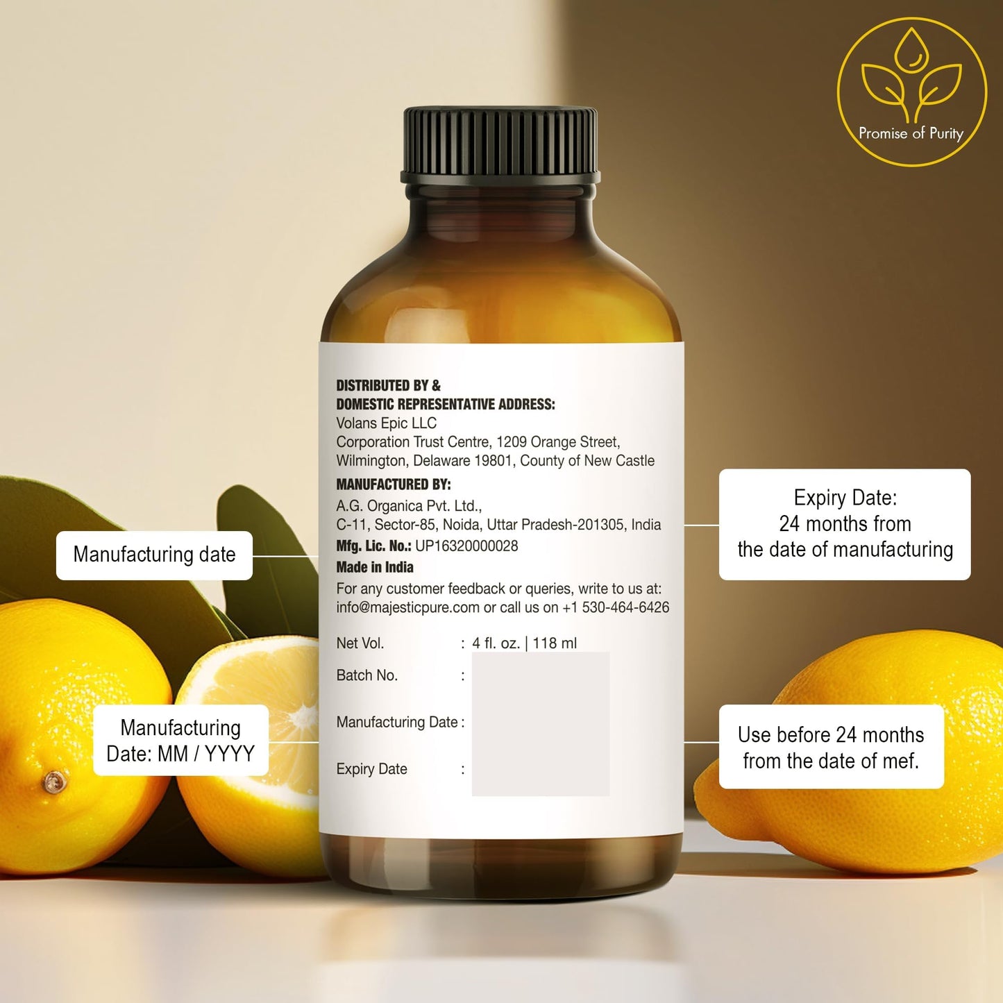 Majestic Pure Lemon Essential Oil - Glass Dropper, 100% Pure & Natural, 4 Fl Oz