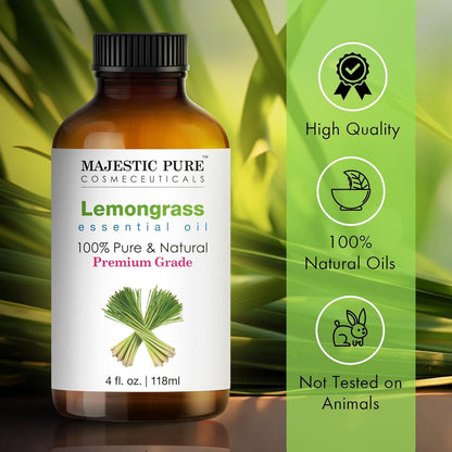 Majestic Pure Lemongrass Essential Oil - 100% Pure & Natural, Glass Dropper, 4 Fl Oz (Pack of 2)
