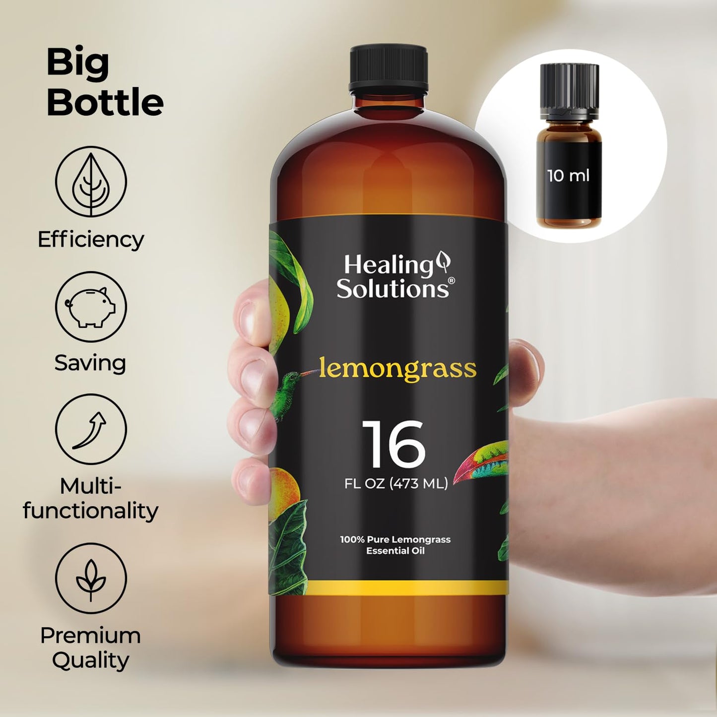 Healing Solutions Lemongrass Essential Oil 16oz – 100% Pure, USA Made