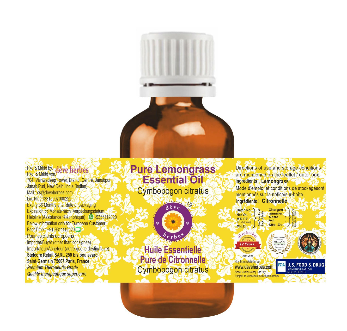 Deve Herbes Pure Lemongrass Essential Oil – Steam Distilled 50ml