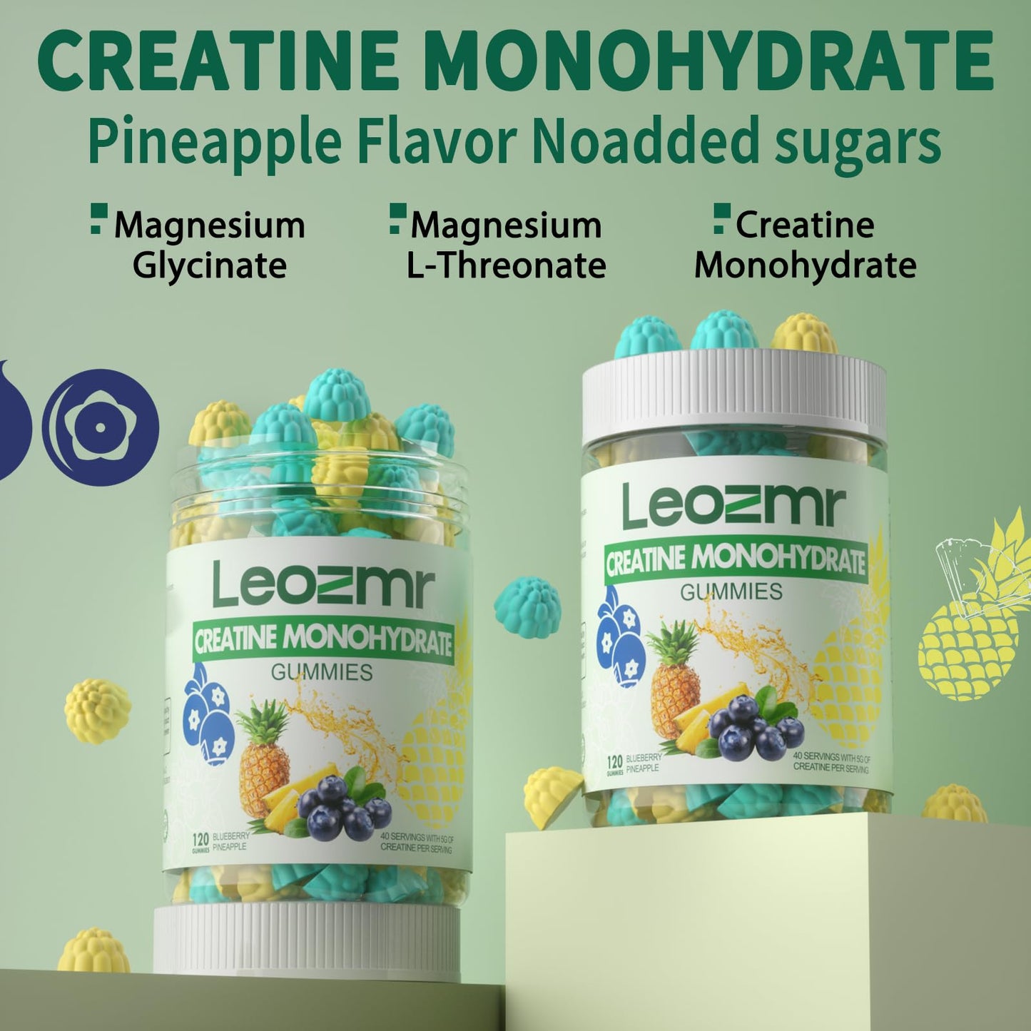 Leozmr Creatine Monohydrate Gummies 5g per Serving – 120 Count, Blueberry Pineapple | Vegan, Sugar-Free