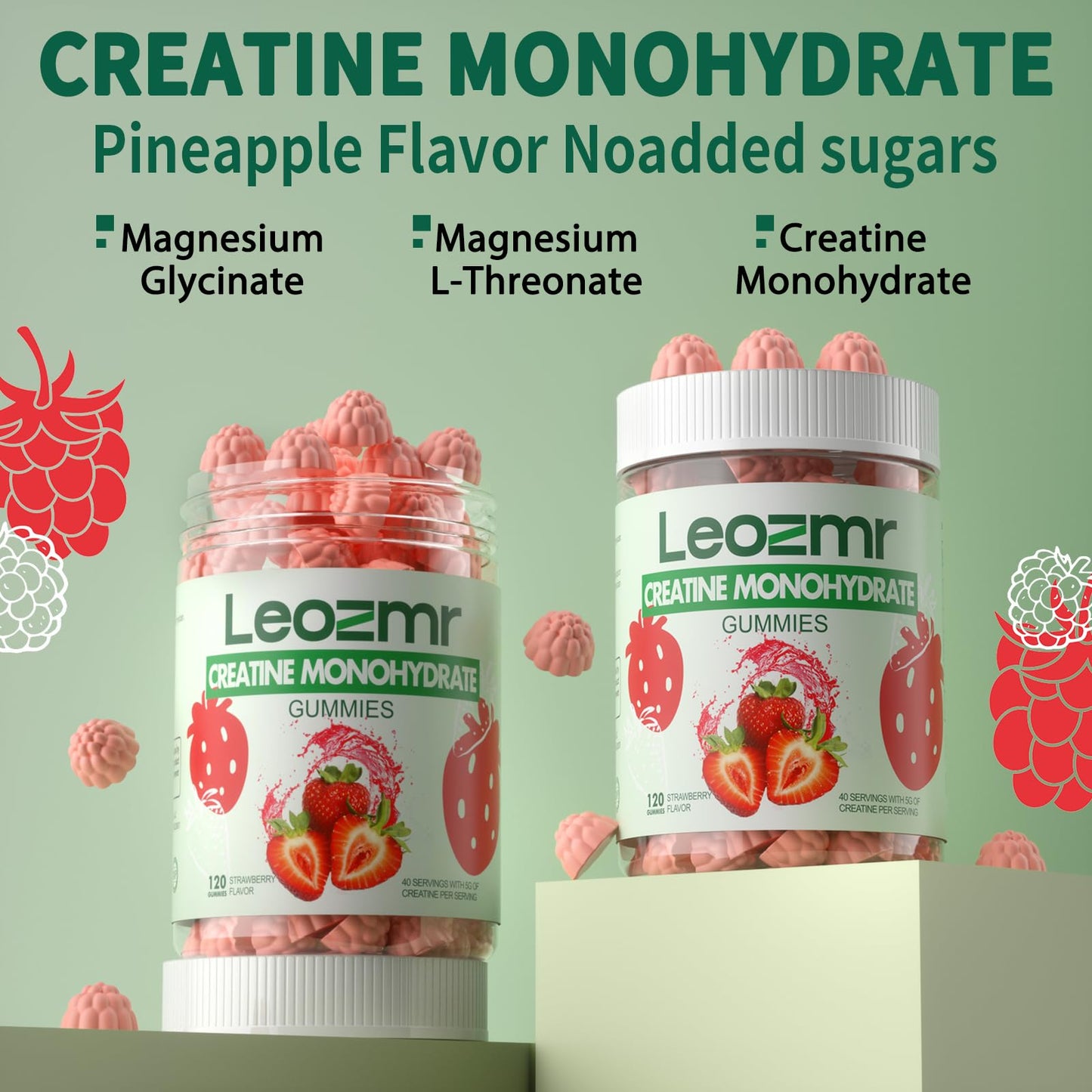 Leozmr Creatine Monohydrate Gummies – 5000mg per Serving (3 Gummies) Strawberry, 120 Count | Vegan & Sugar-Free