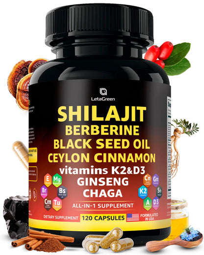LetaGreen Organic Himalayan Shilajit Capsules – All-in-1 Fulvic Acid (120 Count)