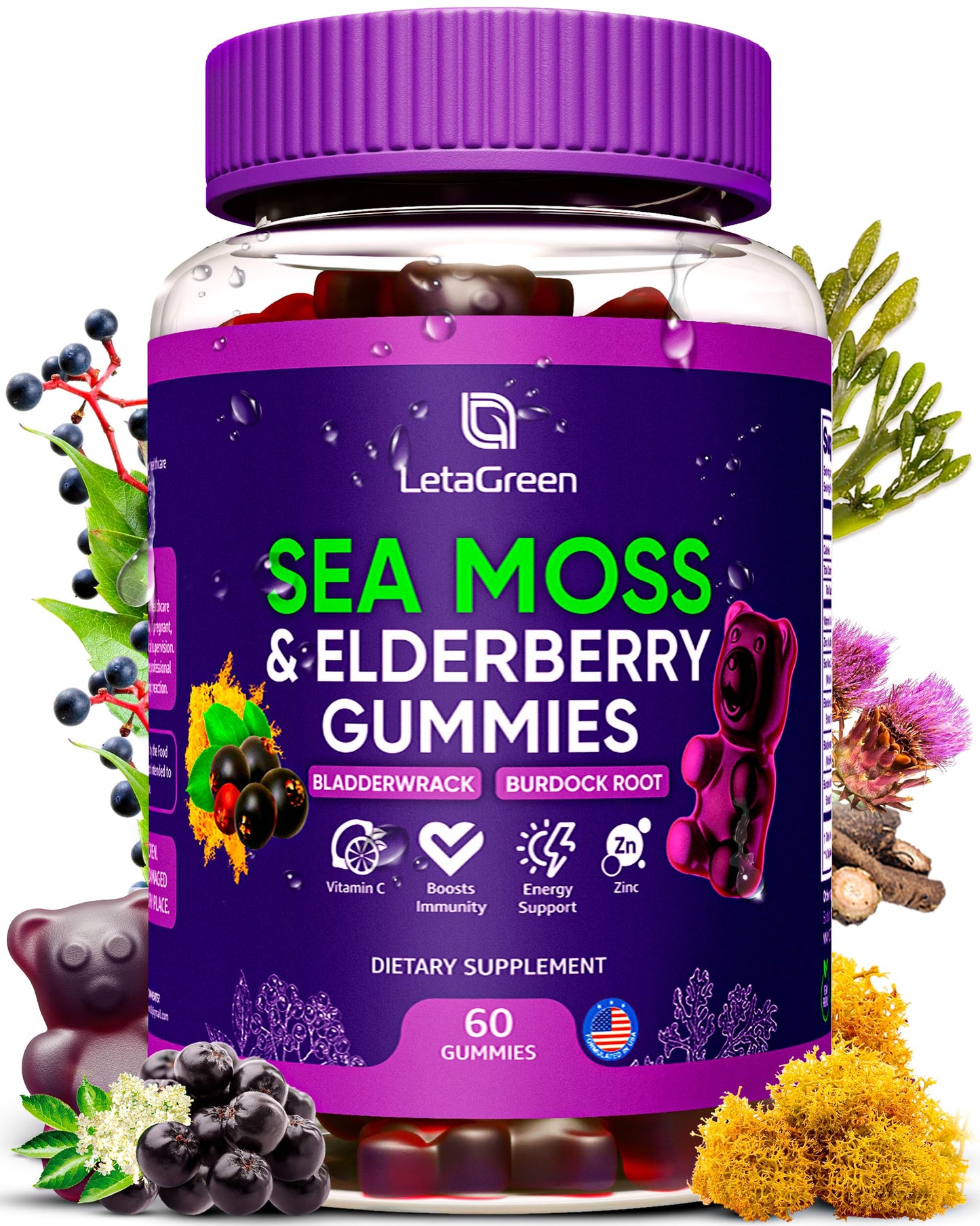 LetaGreen Irish Sea Moss Gummies – Multimineral with Bladderwrack & Elderberry (60 Vegan Gummies)