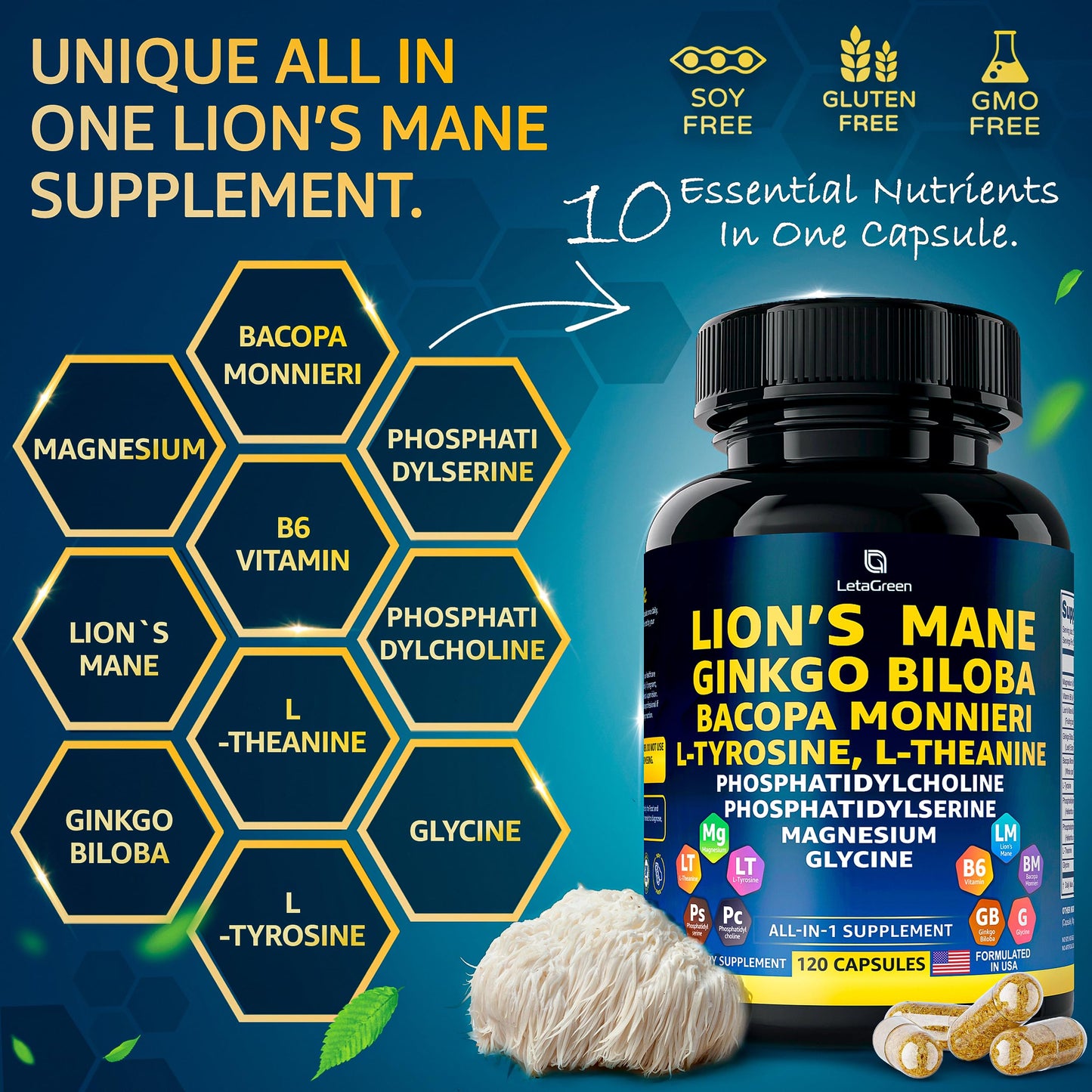 LetaGreen Organic Lion's Mane Capsules – 120 Real Mushrooms with Ginkgo Biloba, Bacopa Monnieri, L-Theanine & L-Tyrosine for Daily Wellness