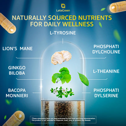 LetaGreen Organic Lion's Mane Capsules – 120 Real Mushrooms with Ginkgo Biloba, Bacopa Monnieri, L-Theanine & L-Tyrosine for Daily Wellness