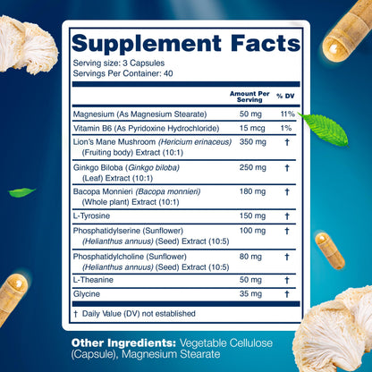 LetaGreen Organic Lion's Mane Capsules – 120 Real Mushrooms with Ginkgo Biloba, Bacopa Monnieri, L-Theanine & L-Tyrosine for Daily Wellness