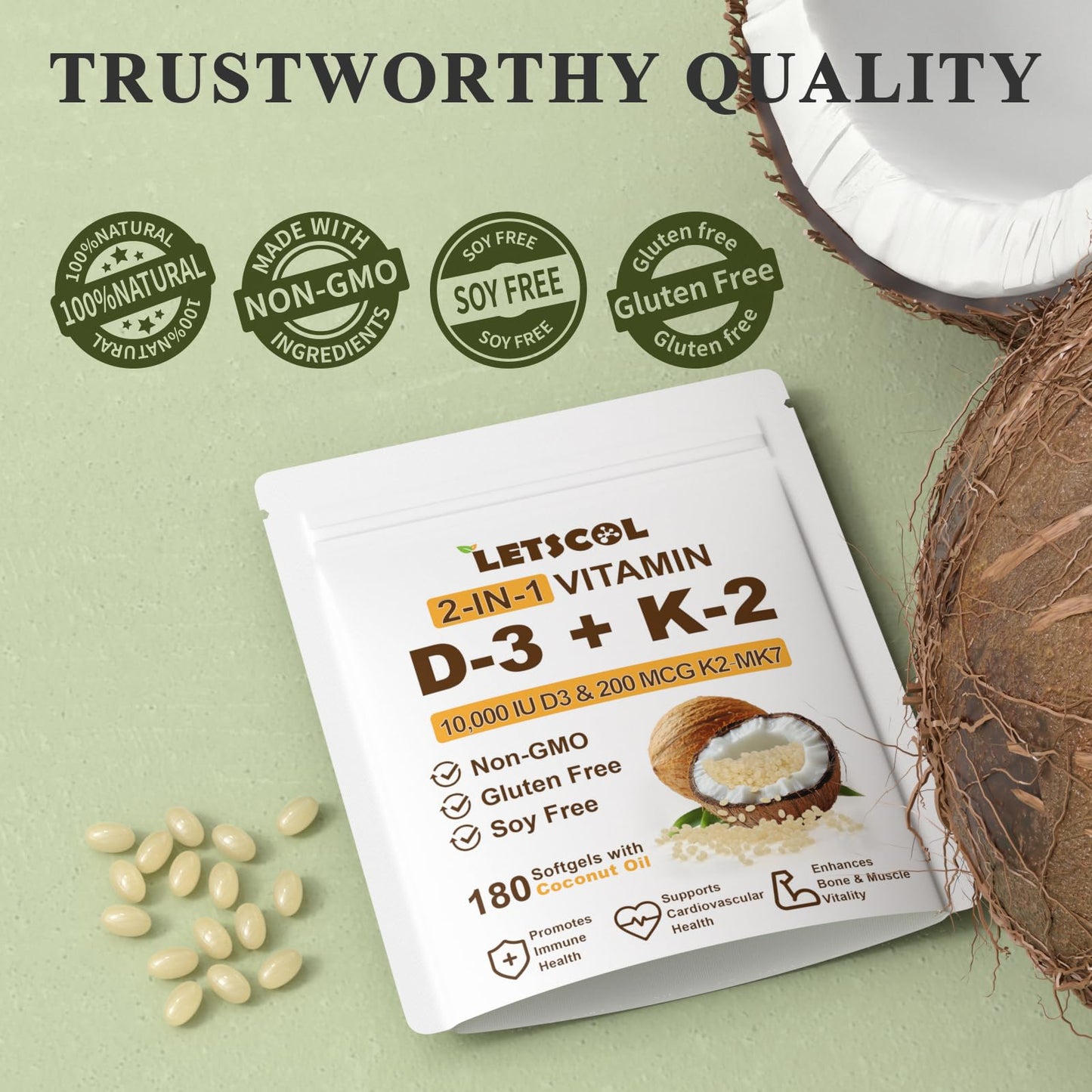 LETSCOL 2-in-1 Vitamin D3 K2 Softgel – 10,000 IU D3 + 200 mcg K2 MK7