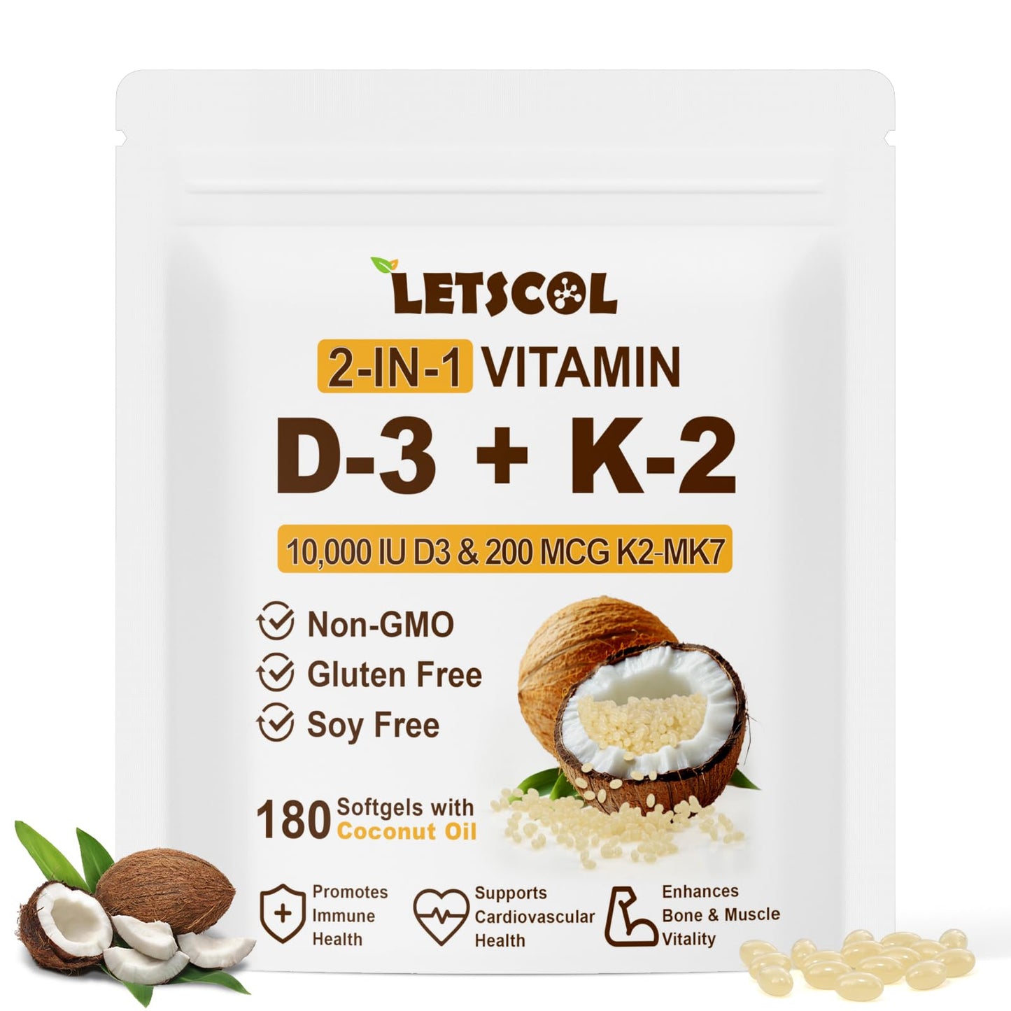 LETSCOL 2-in-1 Vitamin D3 K2 Softgel – 10,000 IU D3 + 200 mcg K2 MK7