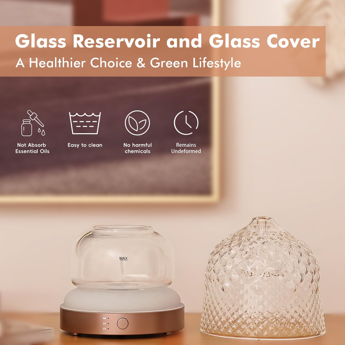 200ml Glass Reservoir Essential Oil Diffuser - Ultrasonic Aromatherapy, 4 Timer, Auto-Off