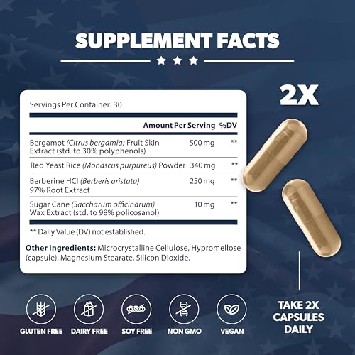 AMERICAN VITALITY Liberty Heart – Berberine, Red Yeast Rice & Citrus Bergamot for Heart Wellness – 60 Capsules