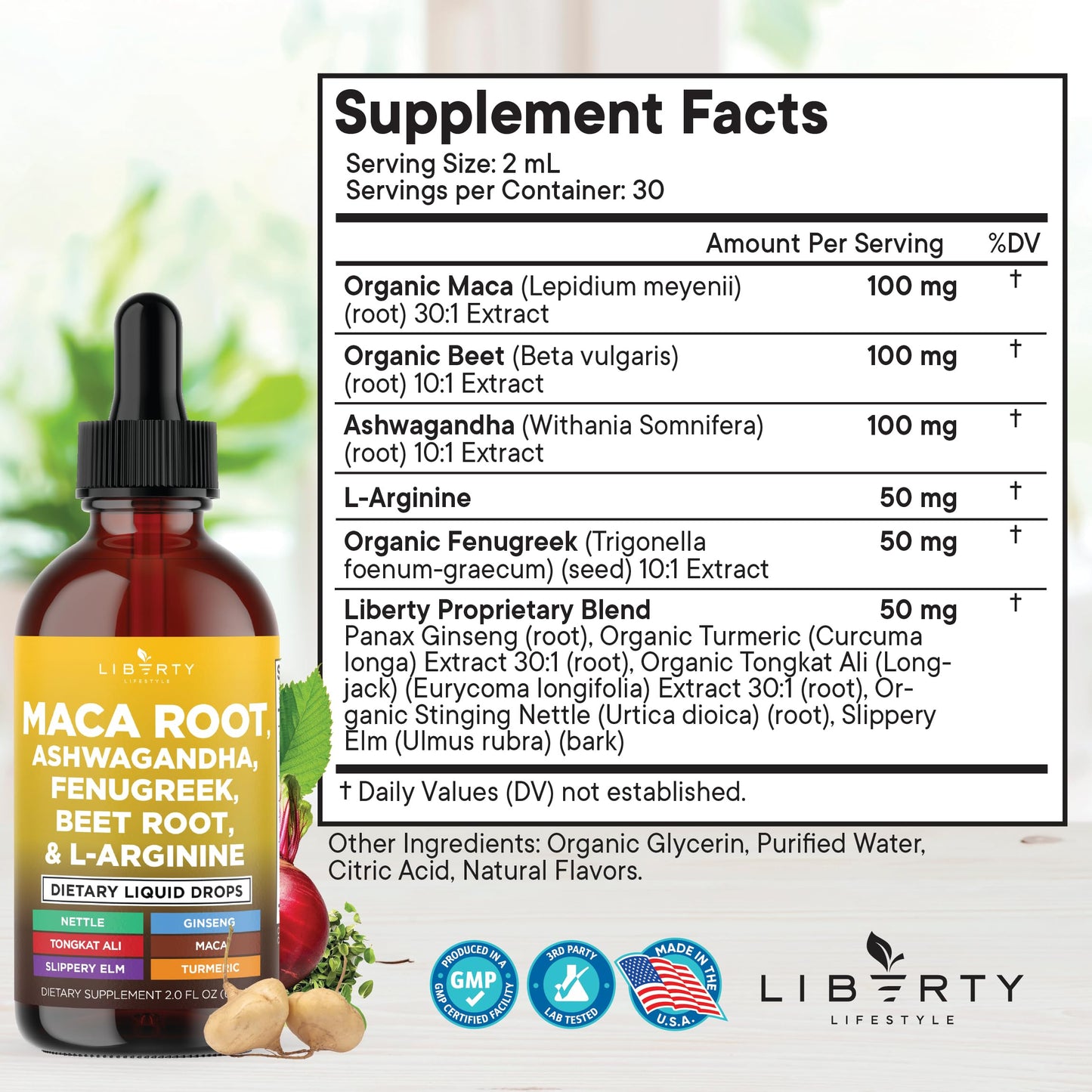 Liberty Lifestyle Organic Maca Root Liquid Drops with Ashwagandha, Nettle, Fenugreek, Beet Root & L-Arginine – 8oz