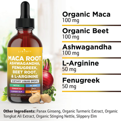 Liberty Lifestyle Organic Maca Root Liquid Drops with Ashwagandha, Nettle, Fenugreek, Beet Root & L-Arginine – 8oz