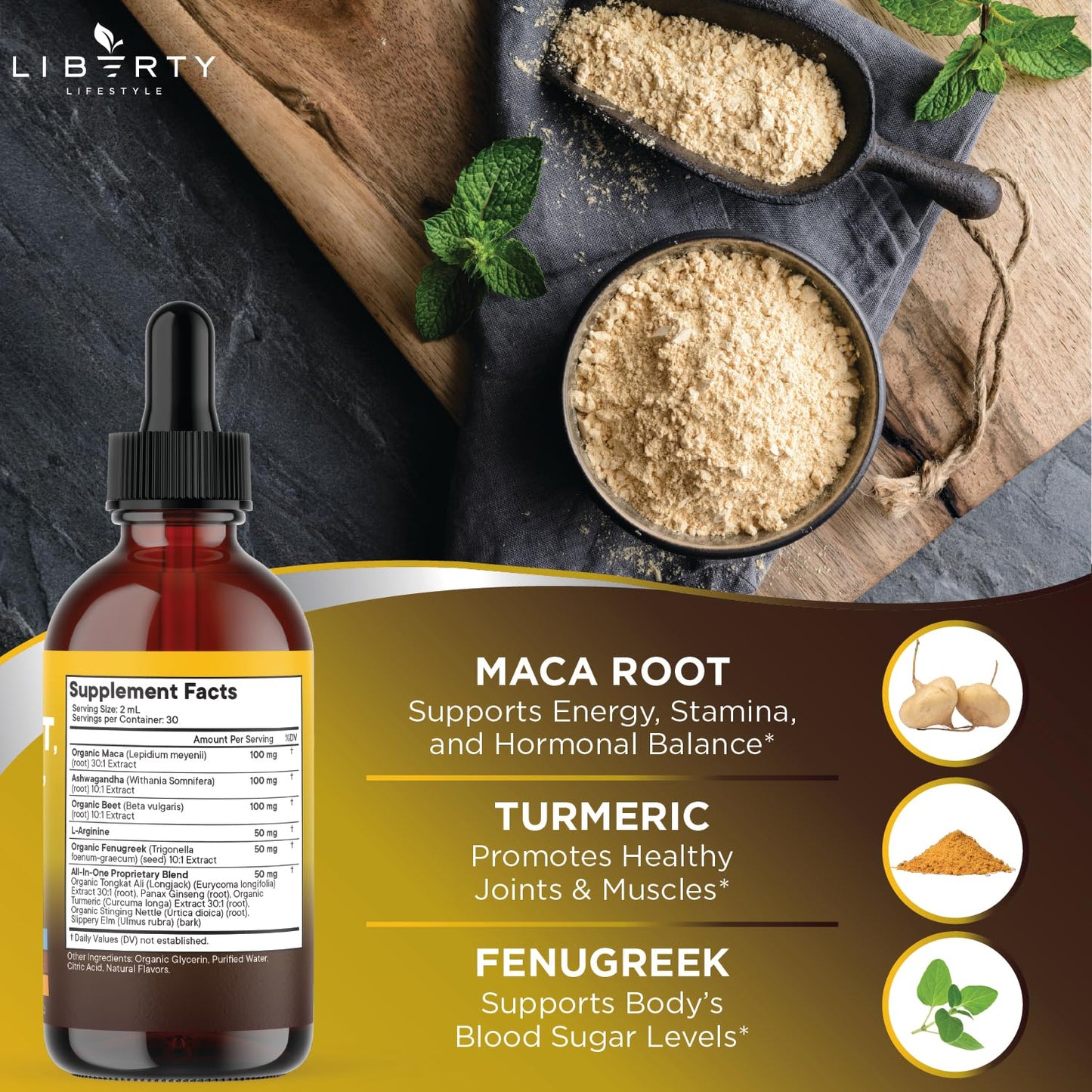 Liberty Lifestyle Organic Maca Root Liquid Drops with Ashwagandha, Nettle, Fenugreek, Beet Root & L-Arginine – 8oz
