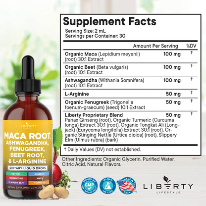 Liberty Lifestyle Organic Maca Root Liquid Drops with Ashwagandha, Nettle, Beet Root & L-Arginine – 6oz