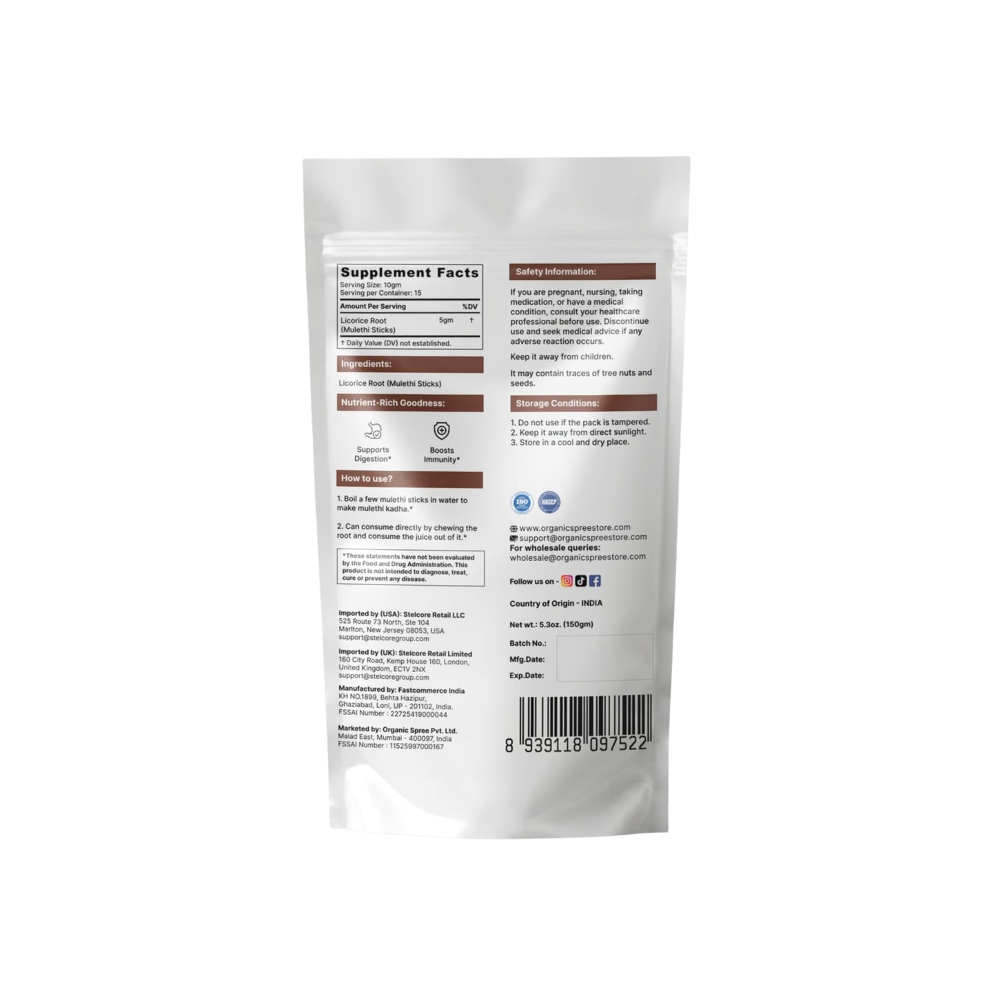 Organic Spree Licorice Root Sticks (Mulethi) - 5.3 oz | GMP Certified