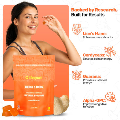 Life Cykel AM Energy & Focus Mushroom Gummies – Lion's Mane, Cordyceps, Guarana