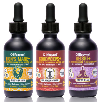 Life Cykel Professional Athletes Pack – Reishi, Lion's Mane & Cordyceps Full-Spectrum Mushroom Tincture | Vegan, Non-GMO