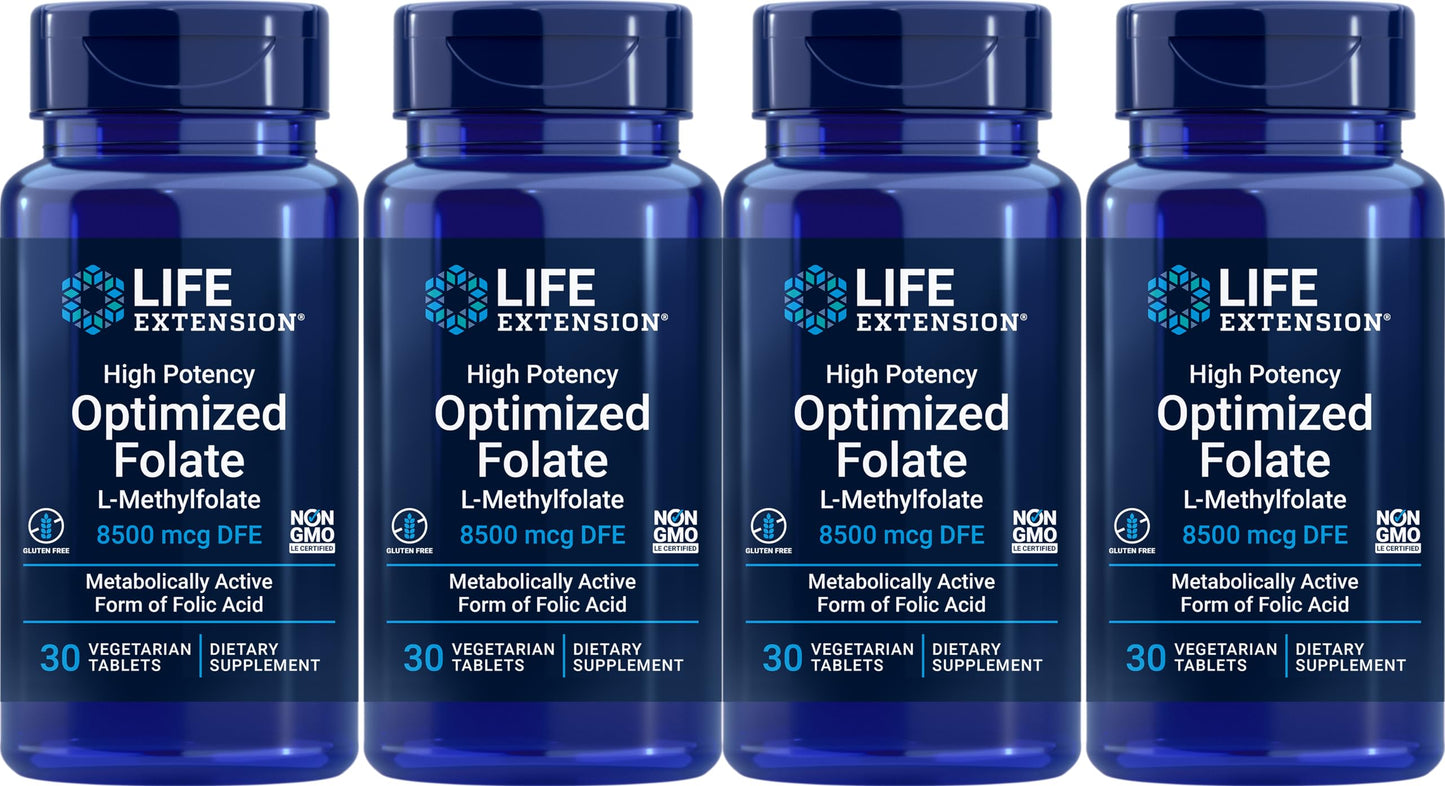 Life Extension High Potency Optimized Folate 8500 mcg DFE – 30 Vegetarian Tablets (Pack of 4)