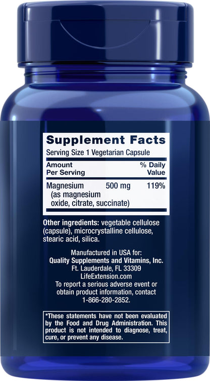 Life Extension Magnesium 500 mg – 100 Vegetarian Capsules (Pack of 3) | Non-GMO