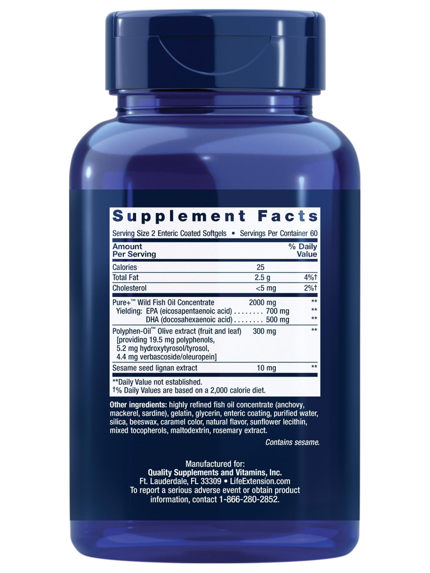 Life Extension Super Omega-3 EPA/DHA with Sesame Lignans & Olive Extract – Heart & Brain Health (120 Softgels)