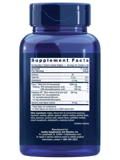 Life Extension Super Omega-3 EPA/DHA with Sesame Lignans & Olive Extract – Heart & Brain Health (120 Softgels)