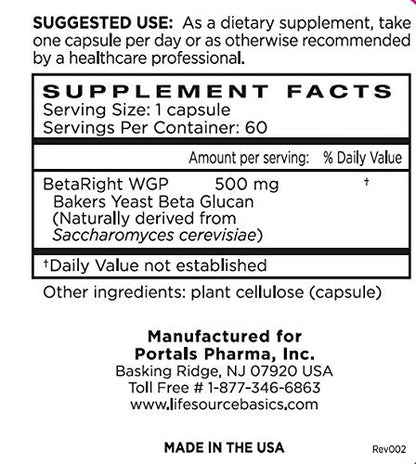 Life Source Basics Immune Support Activator - Beta-Glucan 60 Caps | Non-GMO & Vegan