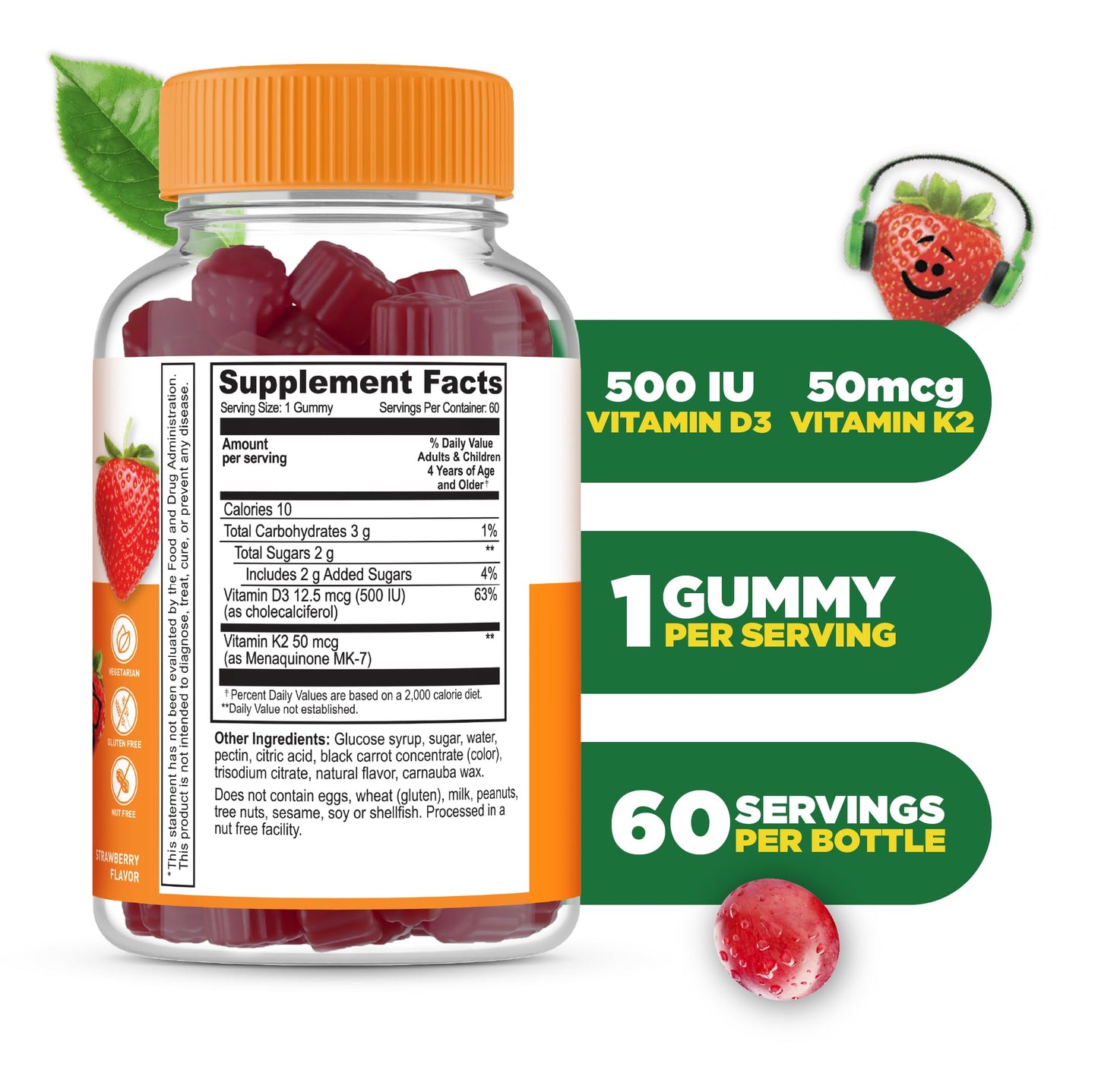 Lifeable Kids Vitamin D3 K2 Gummies - 1000 IU D3, 100 mcg K2 - 60 Gummies