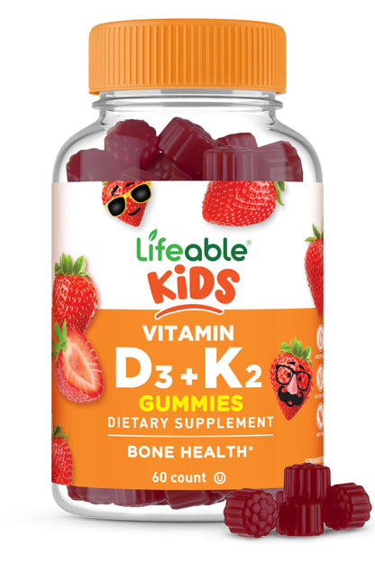Lifeable Kids Vitamin D3 K2 Gummies - 1000 IU D3, 100 mcg K2 - 60 Gummies