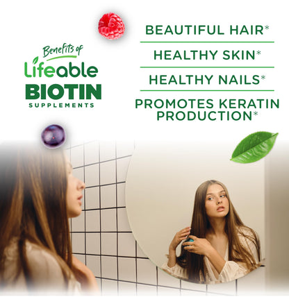 Lifeable Teens Biotin 10000mcg Gummies | Vegan B7 for Hair, Skin & Nails | 90 Gummies