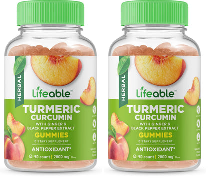 Lifeable Turmeric Curcumin with Ginger & Black Pepper Extract – 2000mg per Serving, 90 Gummies (Pack of 2) – Great Tasting Peach Flavor, Vegetarian & Non-GMO