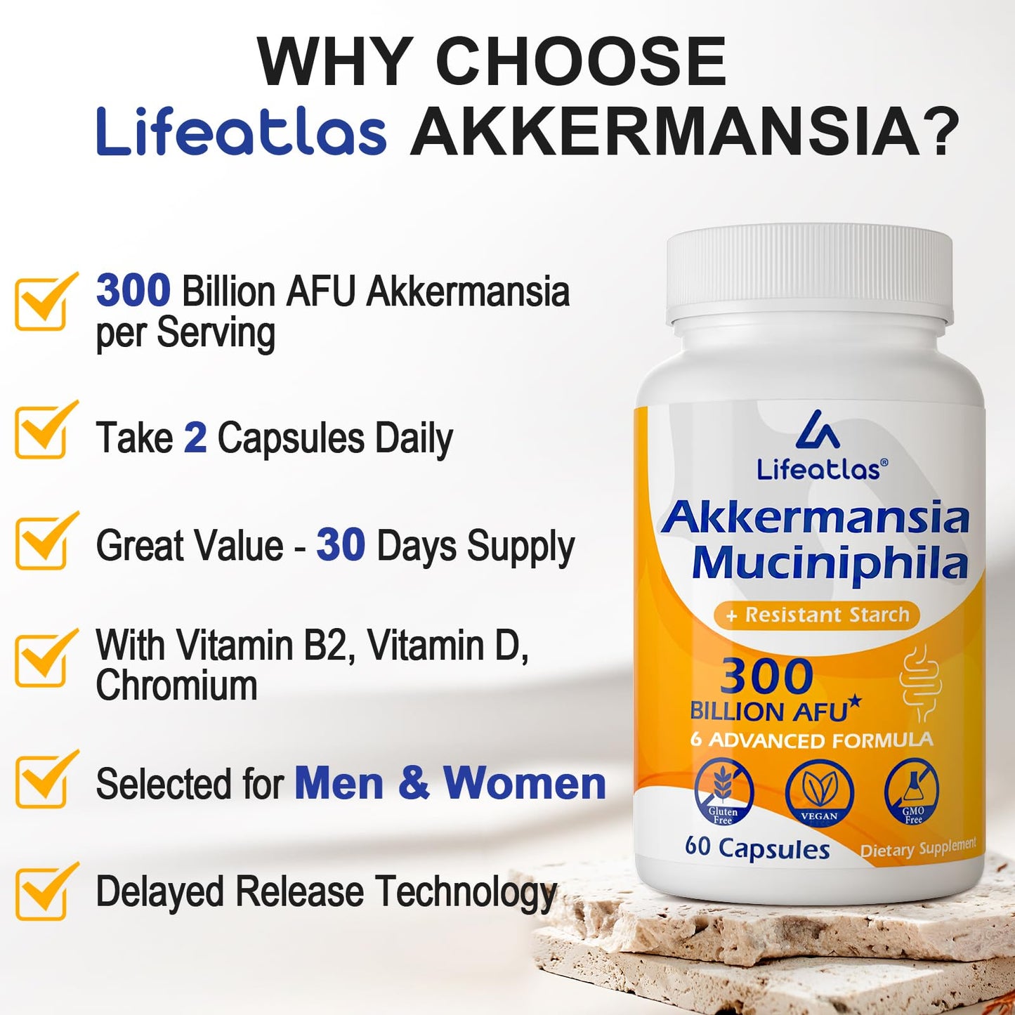 Lifeatlas Akkermansia Probiotic Supplement | 300 Billion AFU, 6-in-1 Gut Health, 60 Capsules