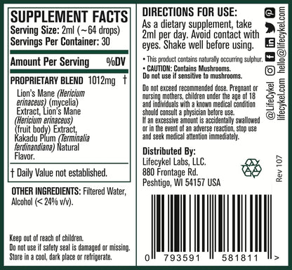 Lifecykel Lion's Mane Mushroom Extract w/Kakadu Plum — Memory, Focus & Sleep (2 oz, 30 Servings) Made in USA