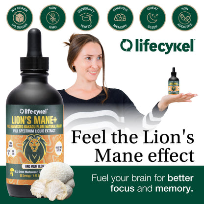 Lifecykel Lion's Mane Mushroom Extract w/Kakadu Plum — Memory, Focus & Sleep (2 oz, 30 Servings) Made in USA