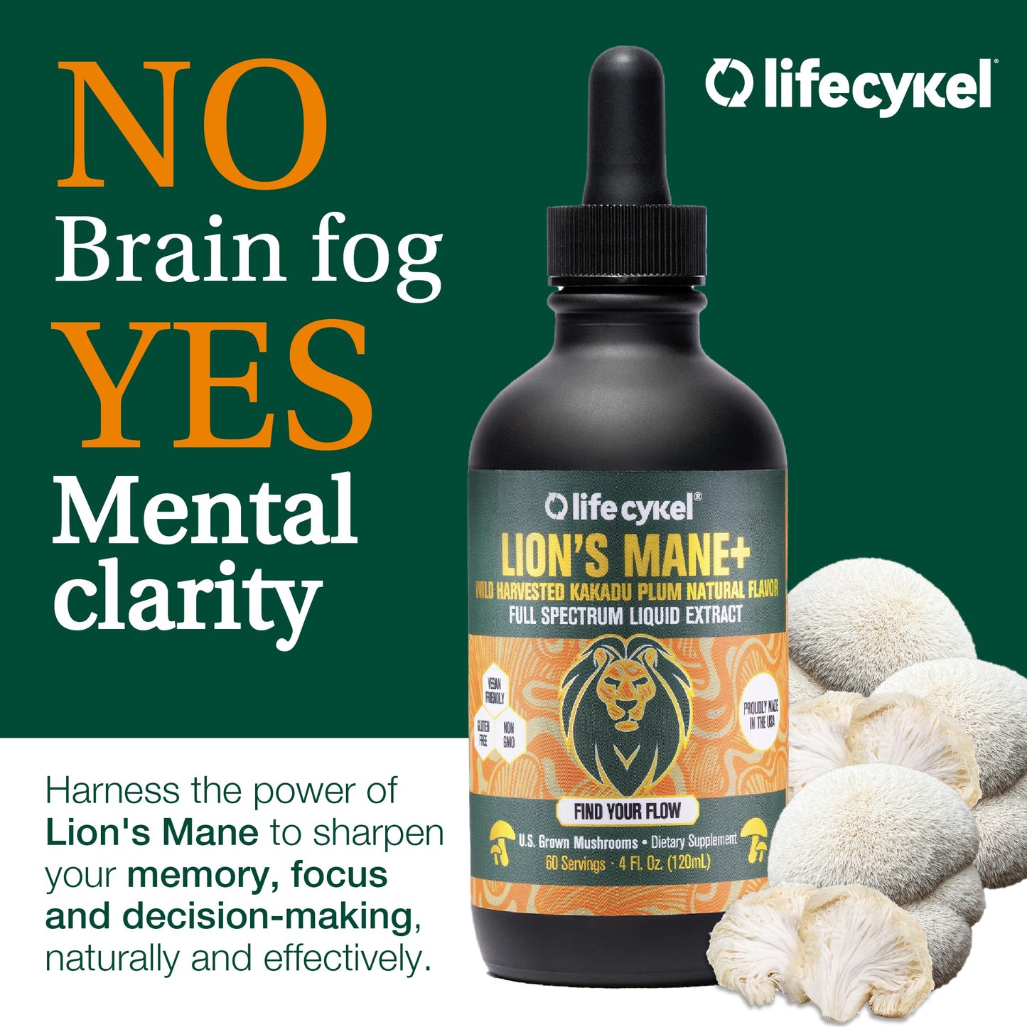 Lifecykel Lion's Mane Mushroom Extract w/Kakadu Plum — Memory, Focus & Sleep (2 oz, 30 Servings) Made in USA