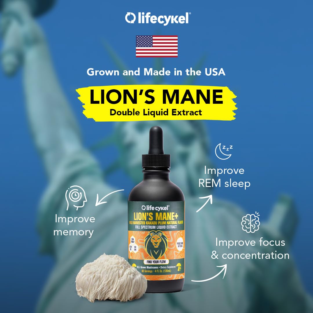 Lifecykel Lion's Mane Mushroom Extract w/Kakadu Plum — Memory, Focus & Sleep (2 oz, 30 Servings) Made in USA