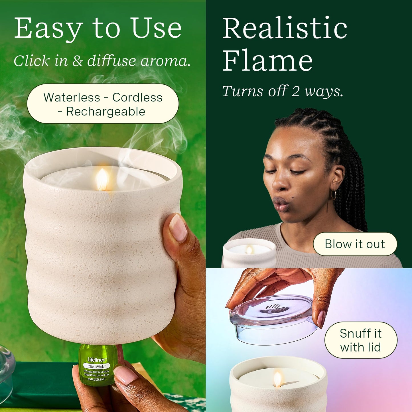 Lifelines Flameless Candle Diffuser with 2 ClickWick Blends – Cordless Waterless Aromatherapy Cream Bubble