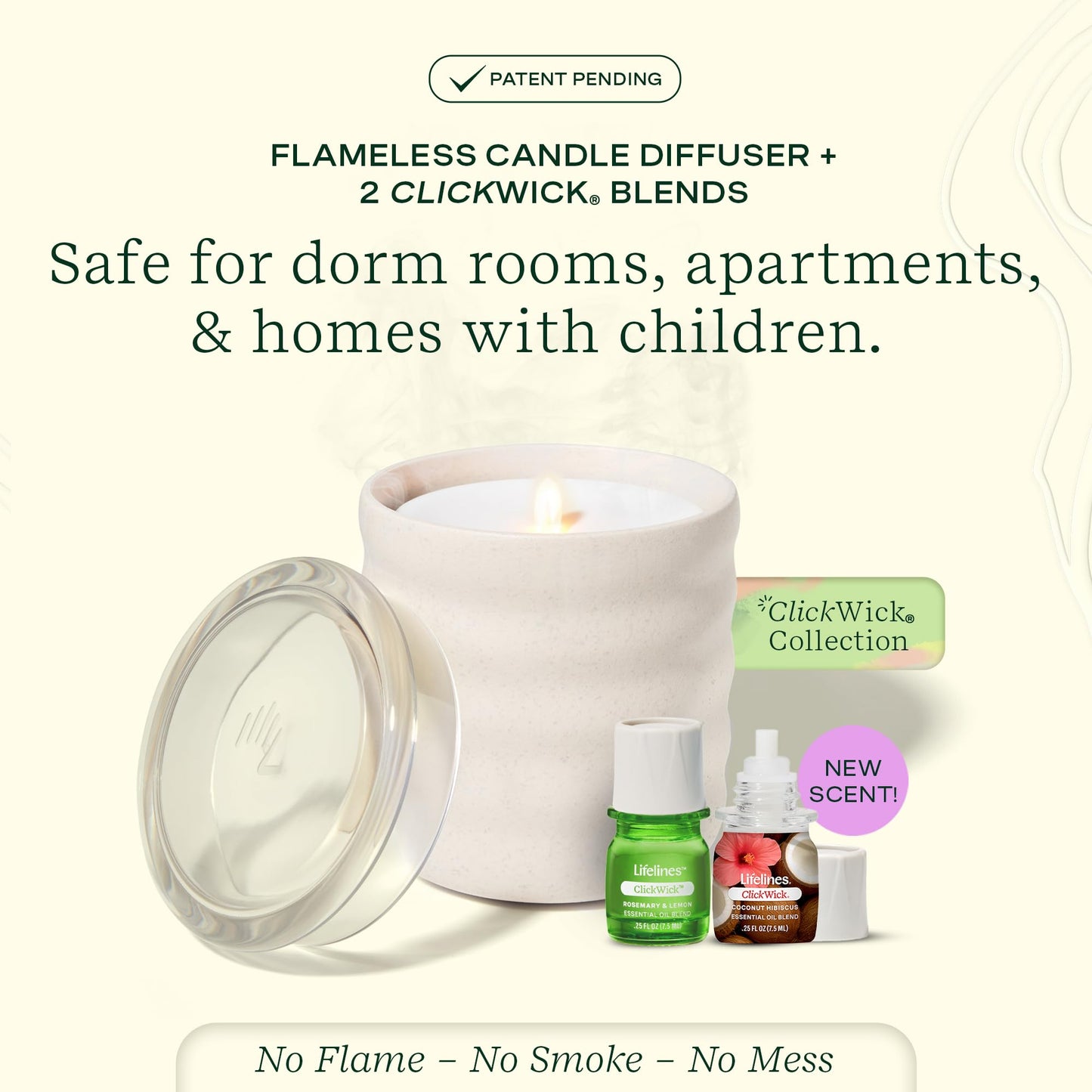 Lifelines Flameless Candle Diffuser with 2 ClickWick Blends – Cordless Waterless Aromatherapy Cream Bubble